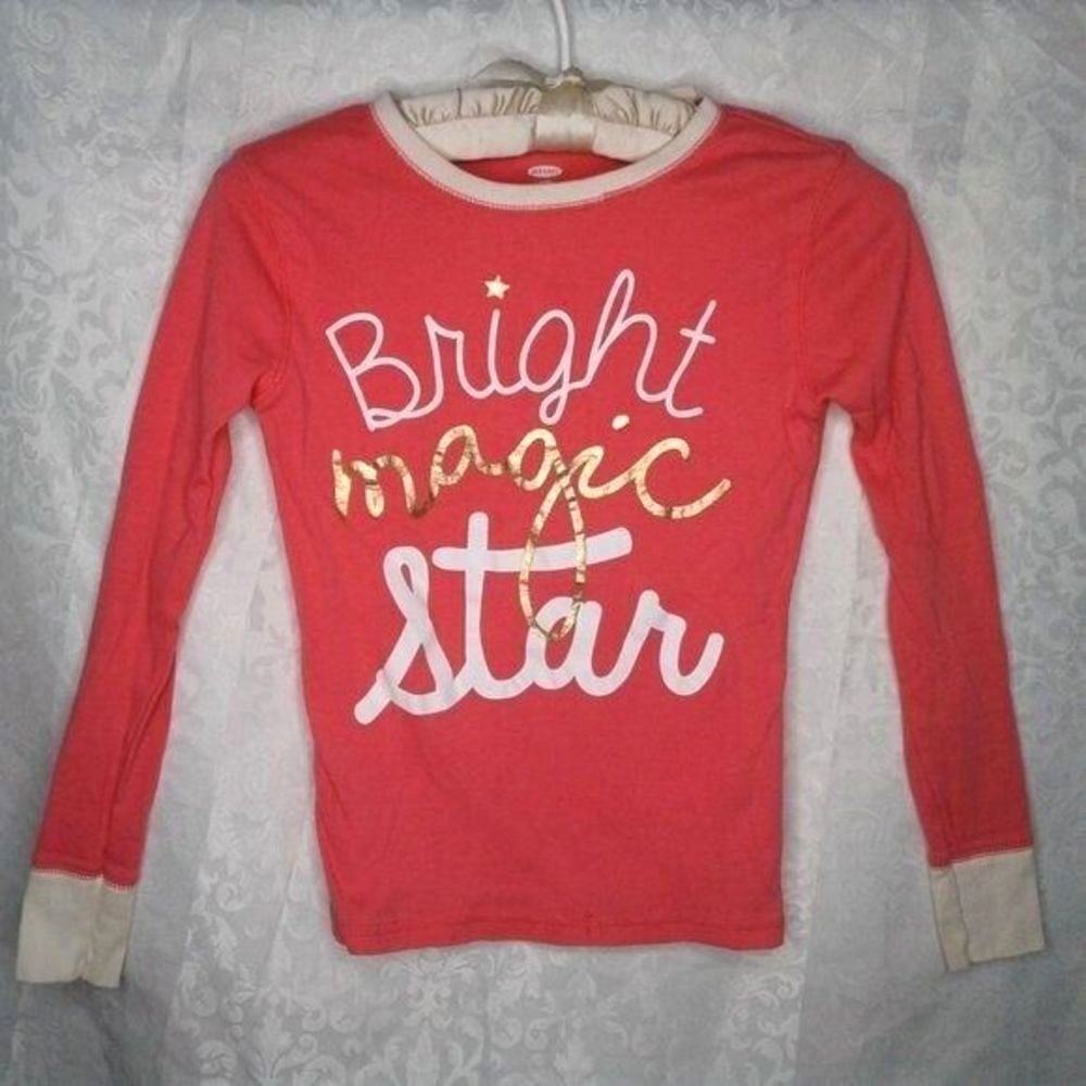 Old Navy Girls Pajama Top Longsleeve Bright Magic Star Coral Gold White Size 10